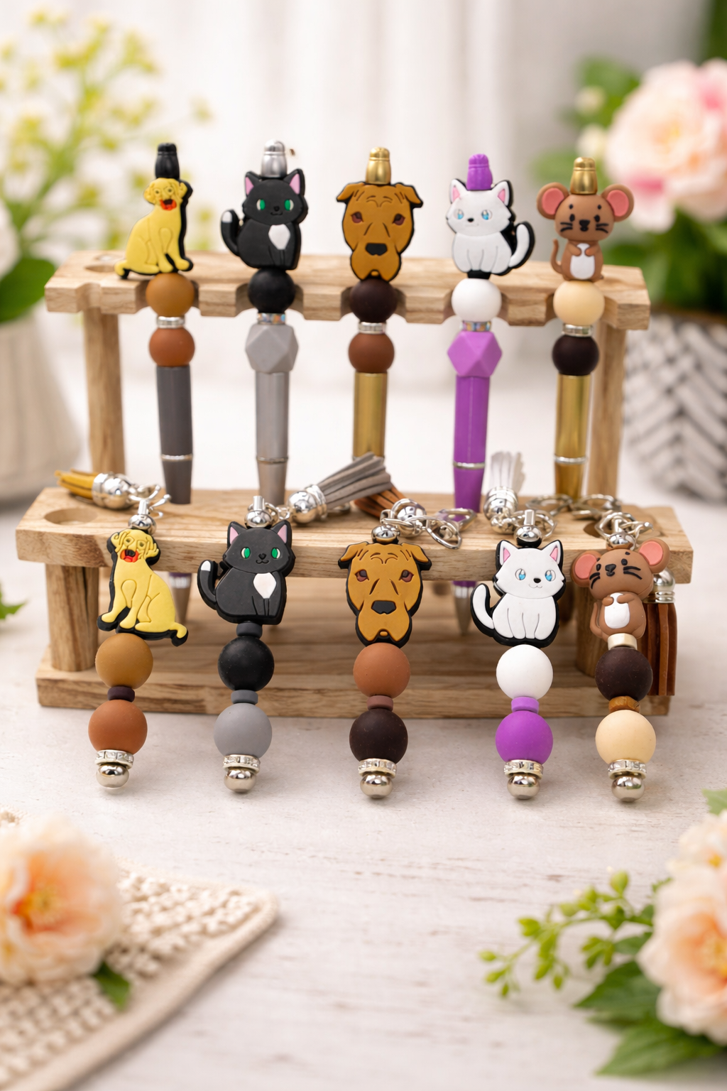 nimal charm keychain and pen set matching handmade