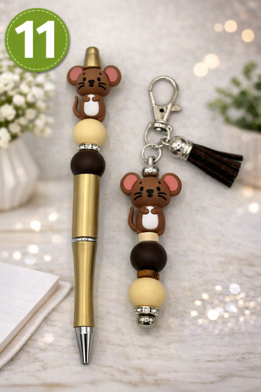 Beaded Pen and Keychain Set | Cute Animal Charm Gift | Handmade Desk Accessory