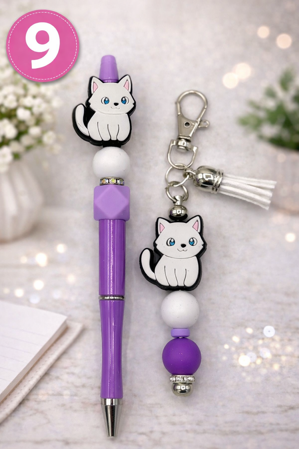 Beaded Pen and Keychain Set | Cute Animal Charm Gift | Handmade Desk Accessory
