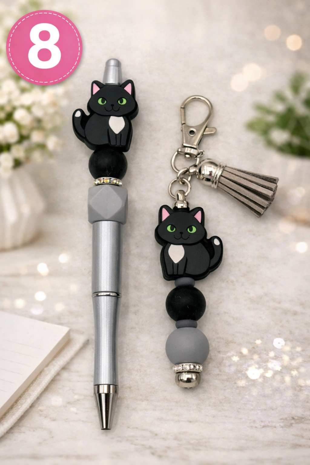 Beaded Pen and Keychain Set | Cute Animal Charm Gift | Handmade Desk Accessory