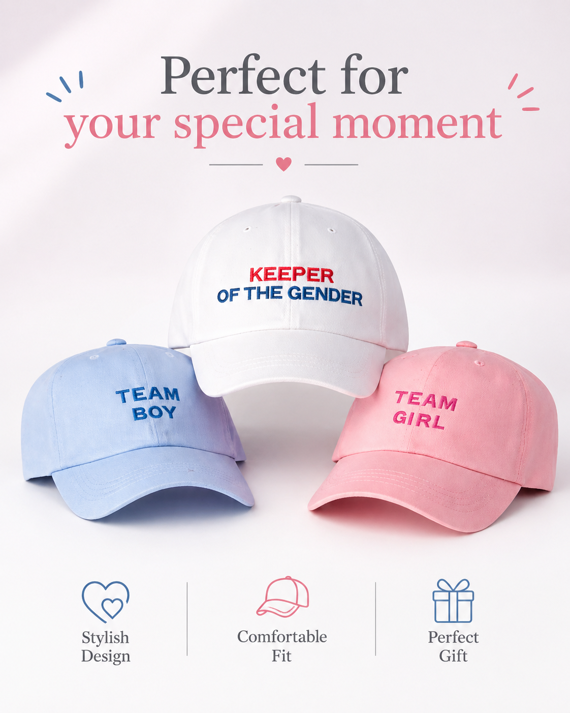 Gender Reveal Hat Set – Team Boy, Team Girl & Keeper of the Gender | Baby Reveal Party Caps