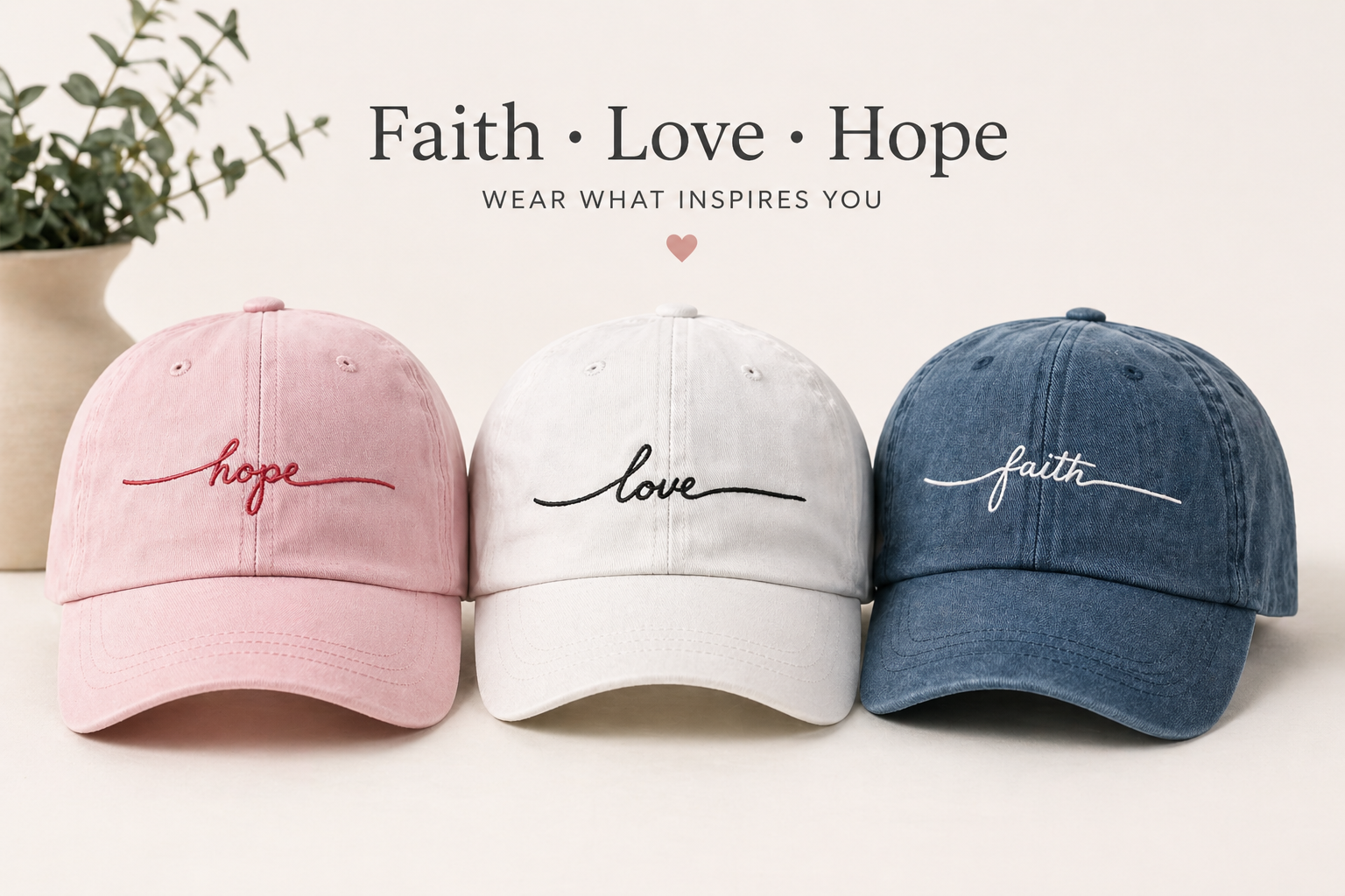 Faith Love Hope Hats – Minimalist Inspirational Caps | One Size Adjustable