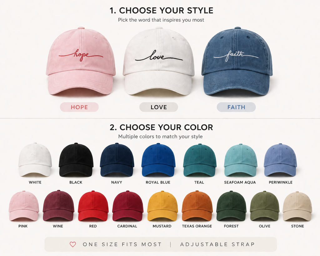 Faith Love Hope Hats – Minimalist Inspirational Caps | One Size Adjustable