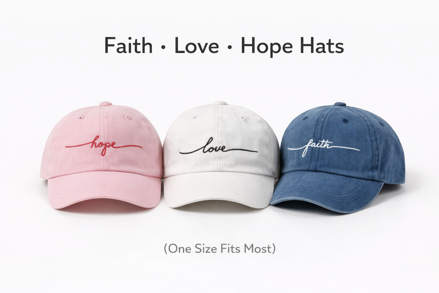 Faith Love Hope Hats – Minimalist Inspirational Caps | One Size Adjustable