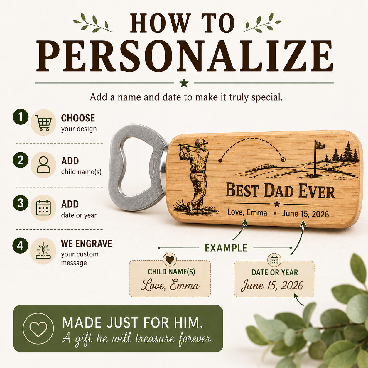 Personalized Wooden Bottle Opener Gift for Dad or Grandpa
