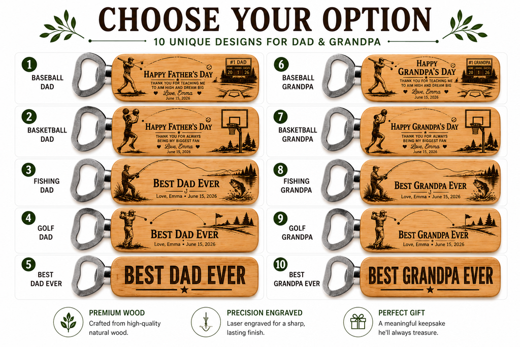 Personalized Wooden Bottle Opener Gift for Dad or Grandpa