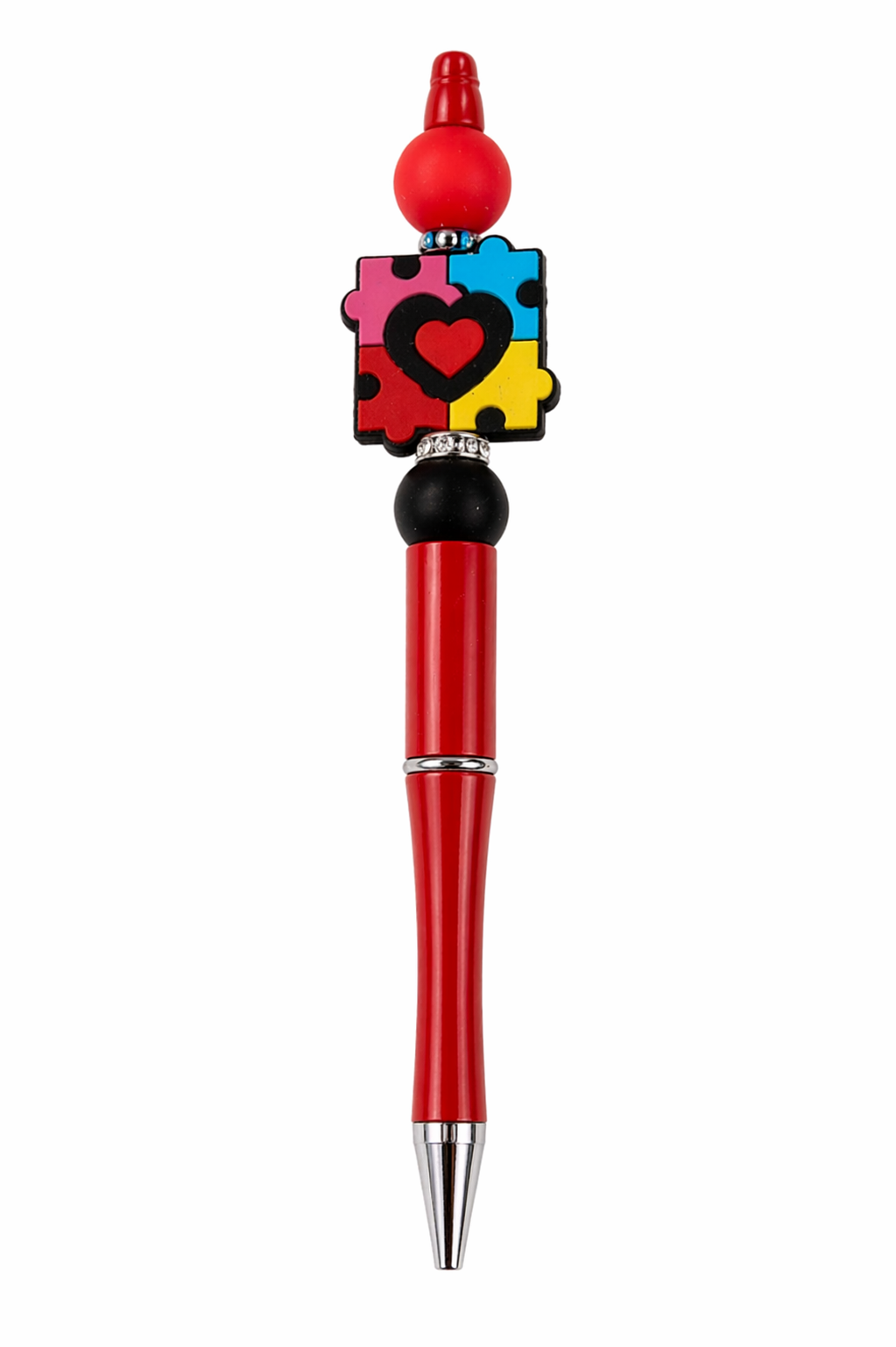 Autism awareness beaded pen with colorful puzzle piece charm.
