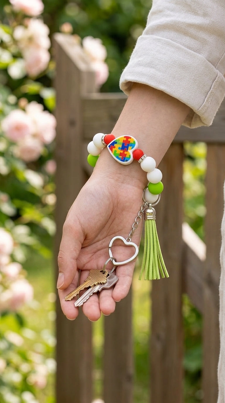 Autism awareness beaded wristlet keychain with puzzle heart charm.