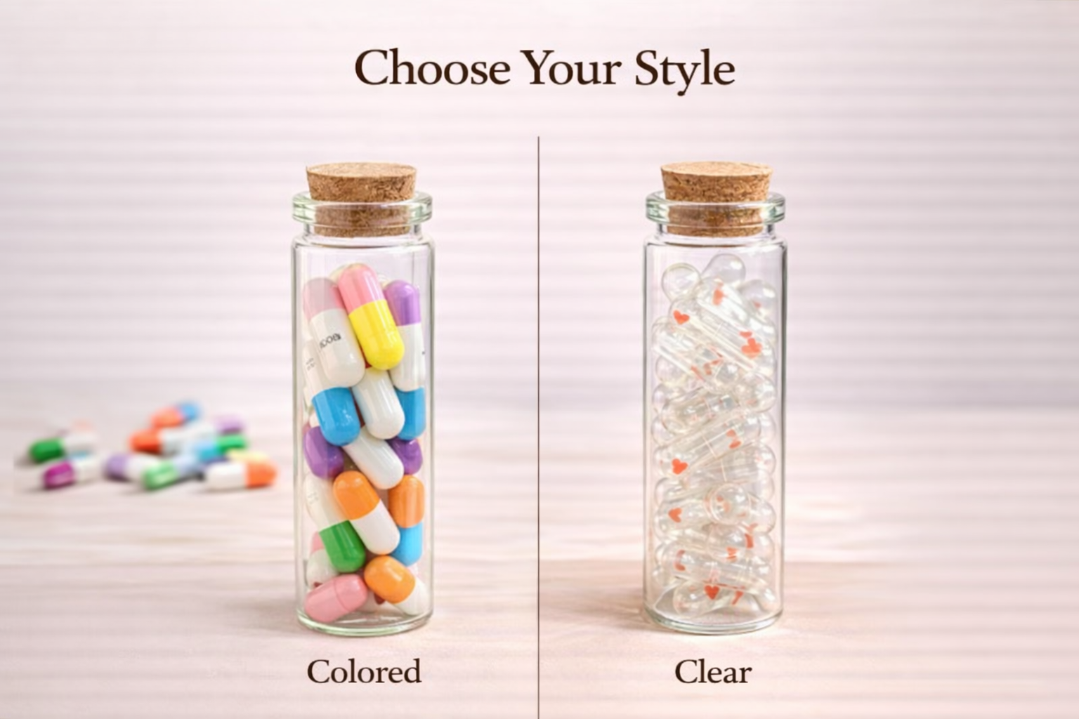 Capsule message bottle options in colored and clear styles, personalized gift bottle choices.