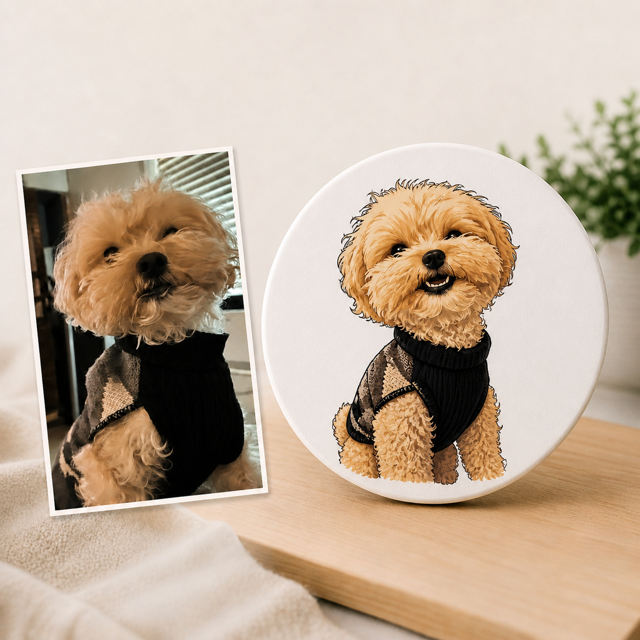 Custom pet photo transformed into a cartoon portrait on a round acrylic display, personalized pet gift