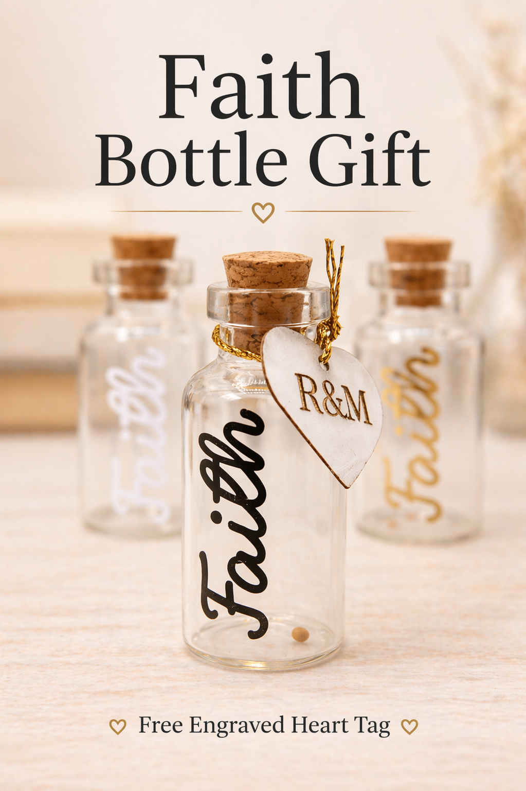 Faith bottle gift with mustard seed and engraved heart tag.