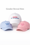 Gender reveal embroidered hats for Team Boy, Team Girl, and Keeper of the Gender.