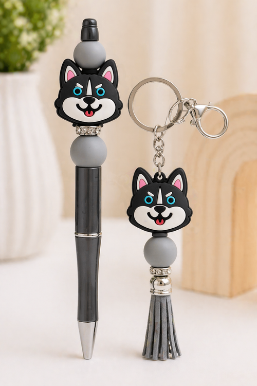 Husky dog beaded pen and matching keychain gift set.