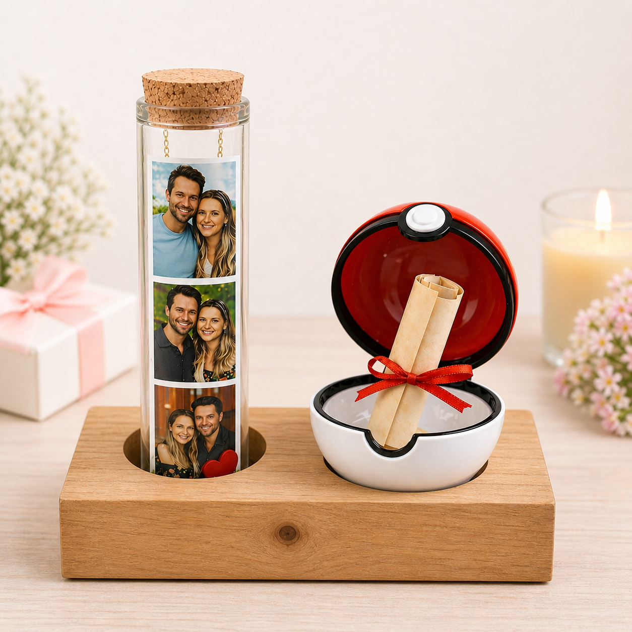 Personalized photo bottle gift with wooden base and keepsake ball display, perfect custom gift for couples or memories.