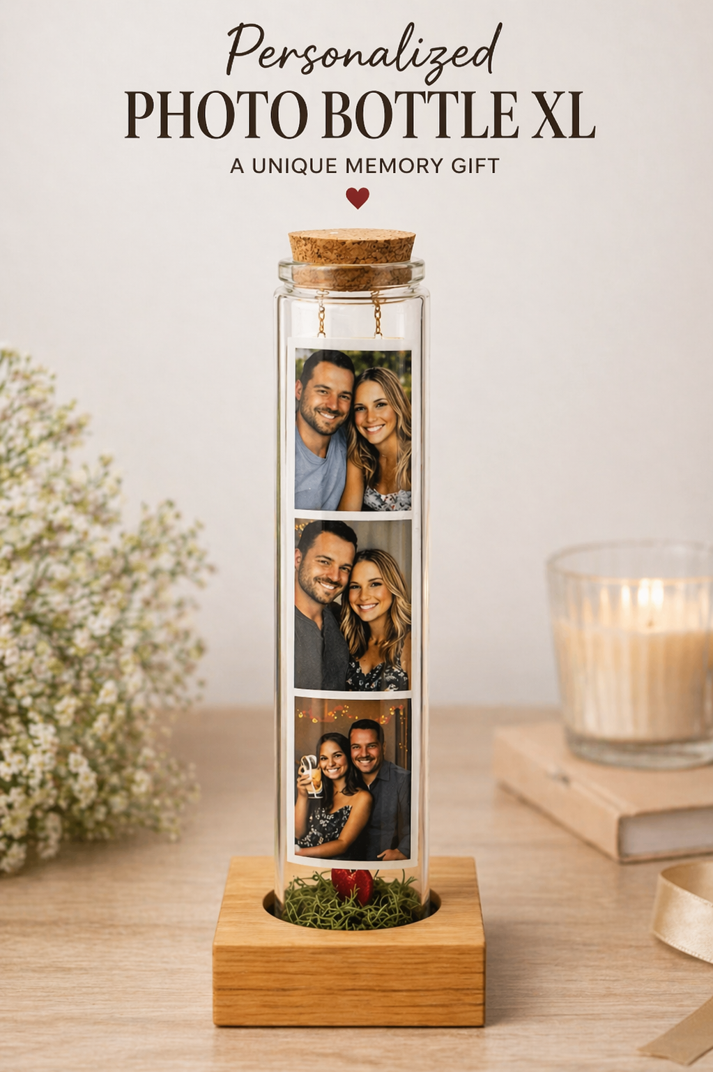 Personalized Photo Bottle XL with custom picture strip and wooden base.