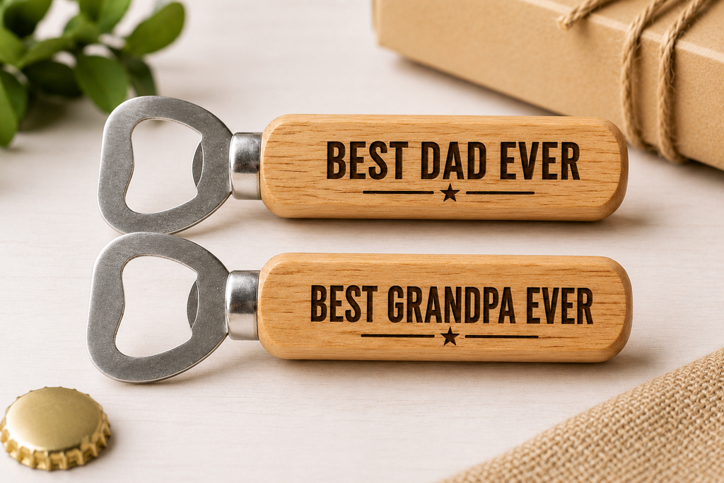 Personalized wooden bottle openers for Dad and Grandpa gifts.