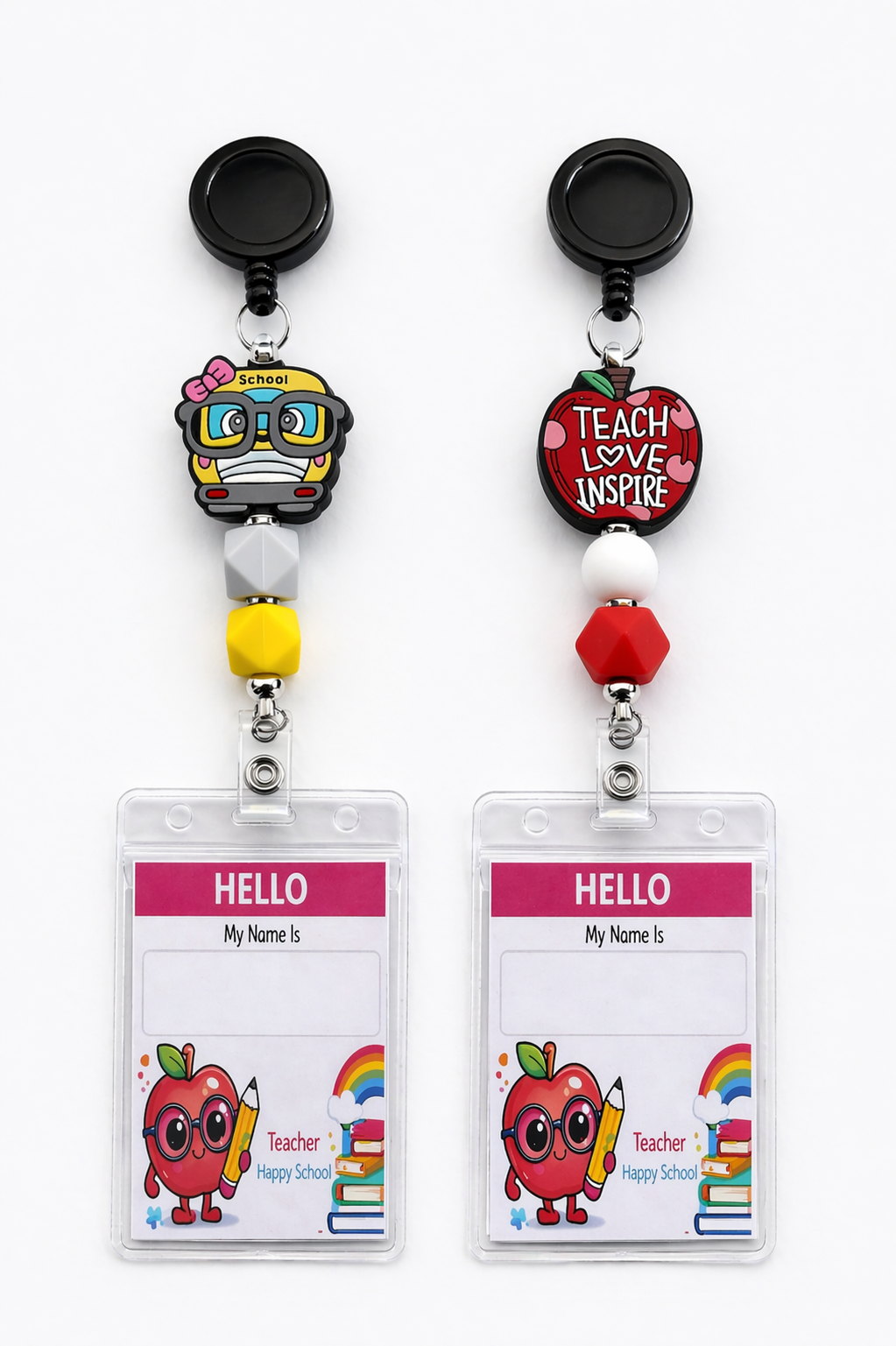 Teacher badge reels with colorful school charms and ID holders.