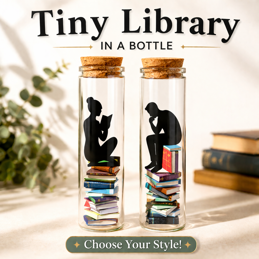 Tiny Library in a Bottle with miniature books, perfect gift for book lovers.